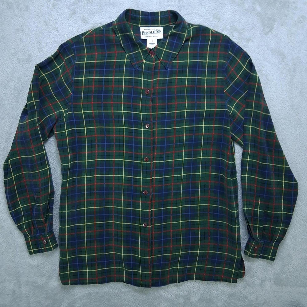 Pendleton Womens Green Tartan Plaid 100% Silk Long Sleeve Button Up Blouse 6